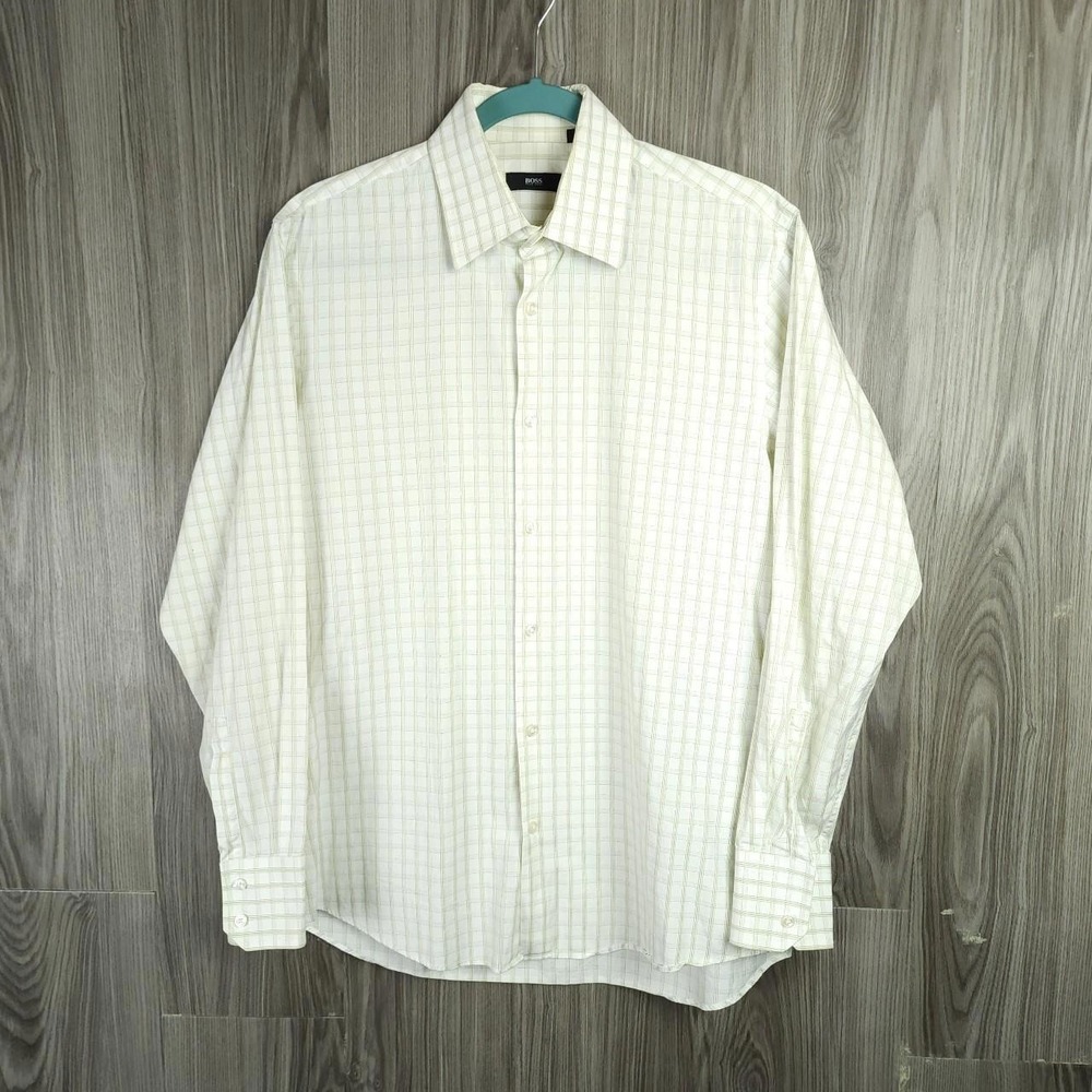 BOSS Hugo Boss Mens White Green Grid Check Long Sleeve Button Down Dress Shirt